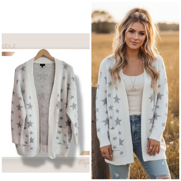 🌿DEBUT Star Fuzzy Cardigan | Oversized S/M | Off-White & Gray Boho Layers - Picture 1 of 13